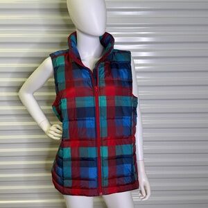Lands End Down Puffer Vest Womens Large Multicolor Plaid Sleeveless Preppy S